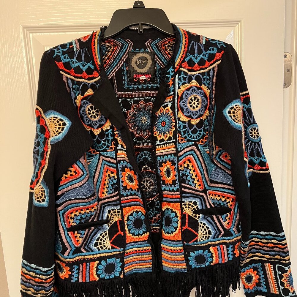 Johnny Was Embroidered Black Top with Fringe Hem